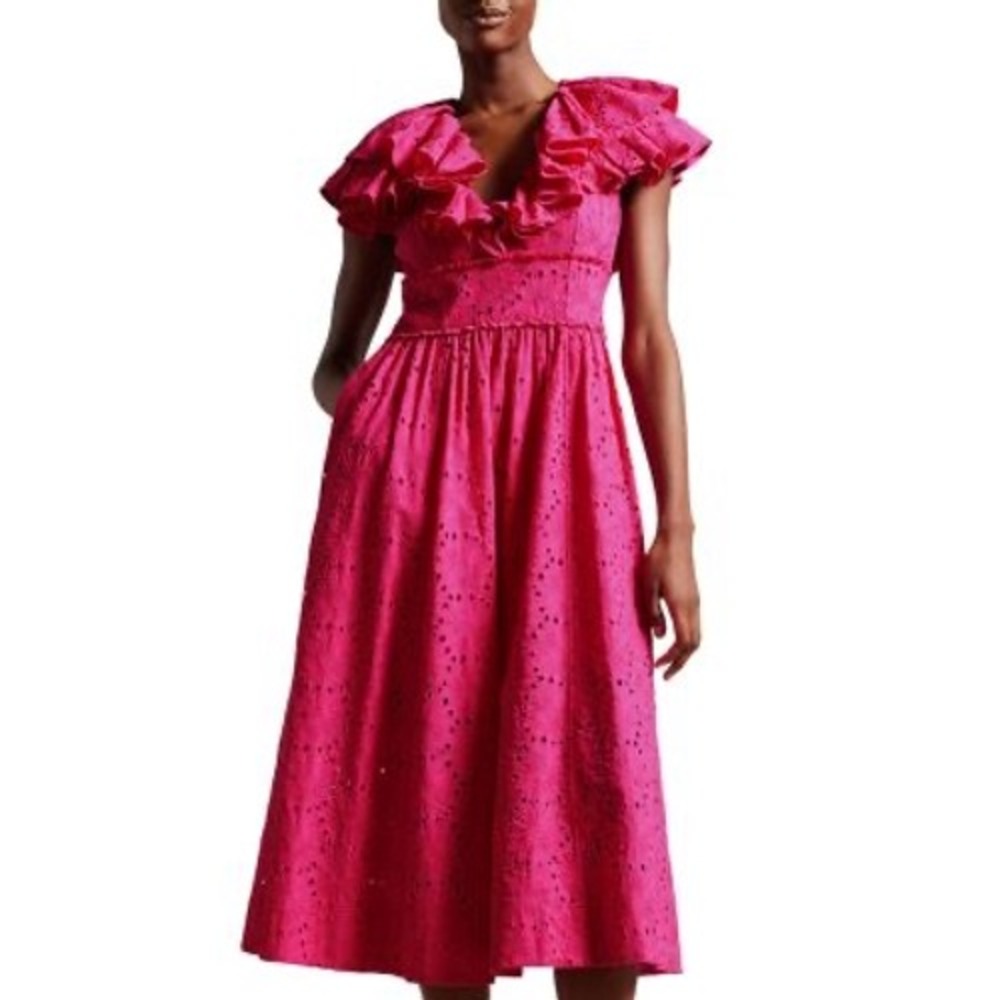Ted Baker London Mirza Ruffle Eyelet Lace Midi Dress Bright Pink, Size 1 / US 4